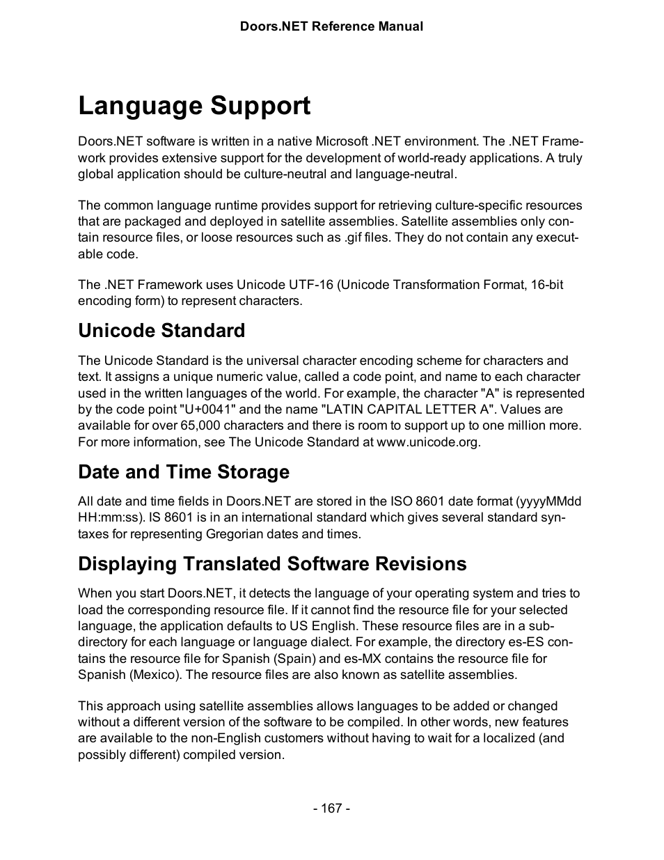 Language support, Unicode standard, Date and time storage | Displaying translated software revisions | Keri Systems Doors.NET Manual User Manual | Page 167 / 602