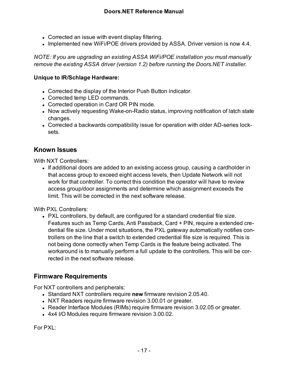 Known issues, Firmware requirements | Keri Systems Doors.NET Manual User Manual | Page 17 / 602