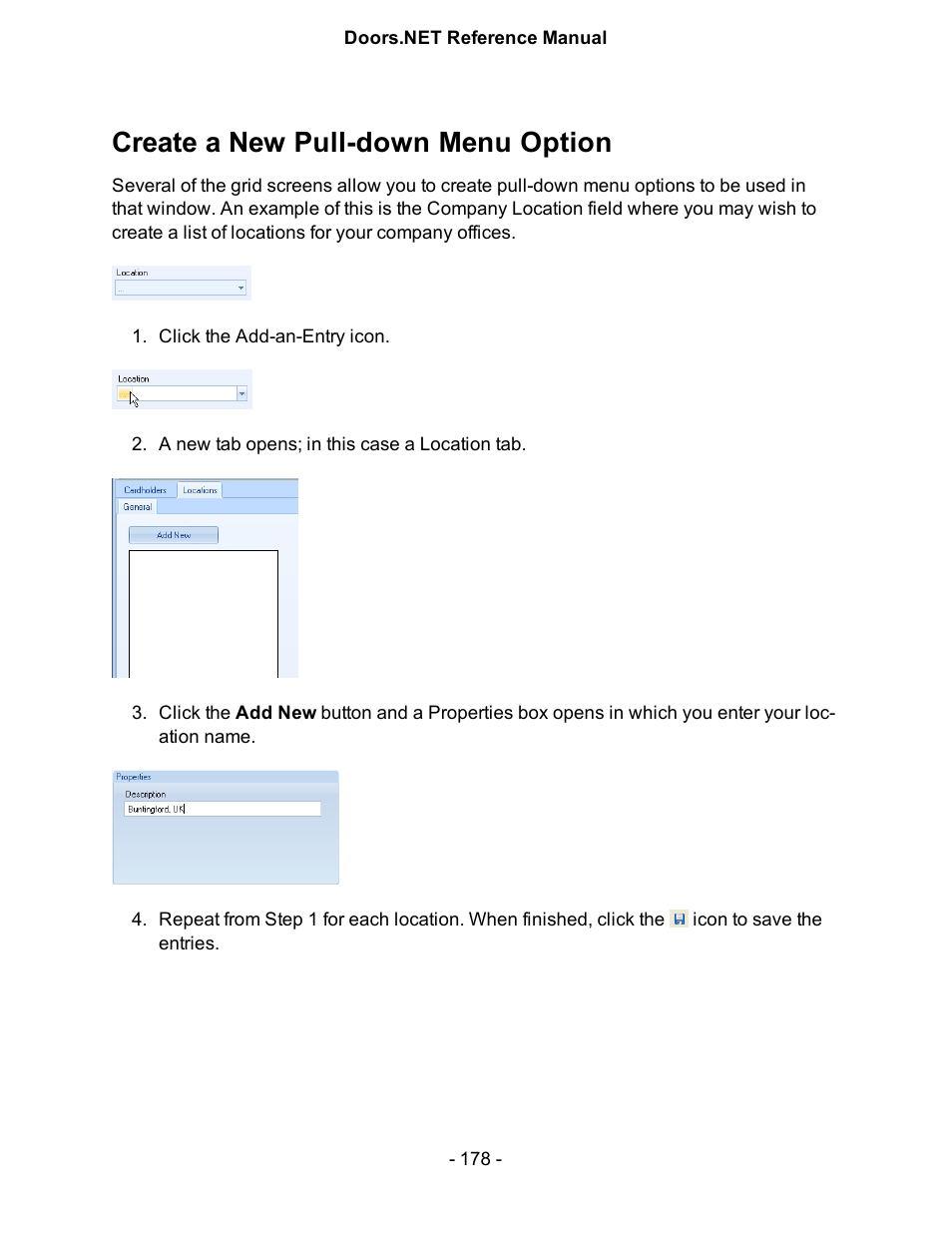 Create a new pull-down menu option | Keri Systems Doors.NET Manual User Manual | Page 178 / 602