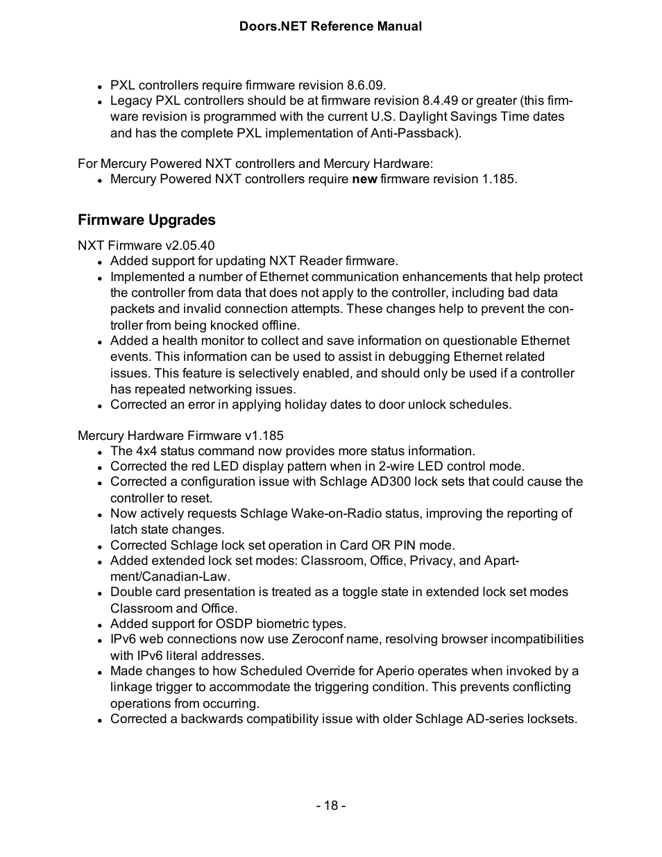 Firmware upgrades, Pxl controllers require firmware revision 8.6.09, Added support for updating nxt reader firmware | Added support for osdp biometric types | Keri Systems Doors.NET Manual User Manual | Page 18 / 602
