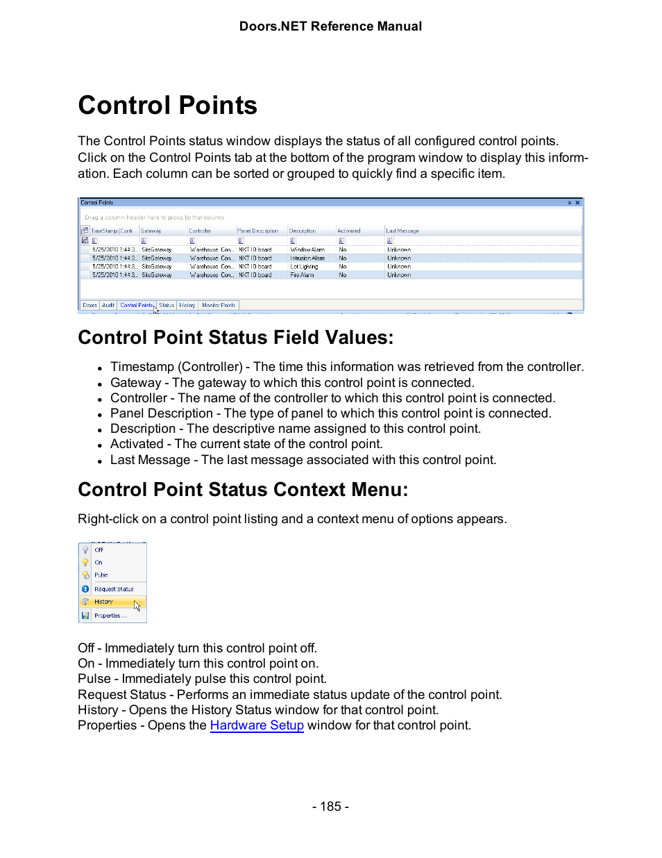 Control points, Control point status field values, Control point status context menu | Keri Systems Doors.NET Manual User Manual | Page 185 / 602