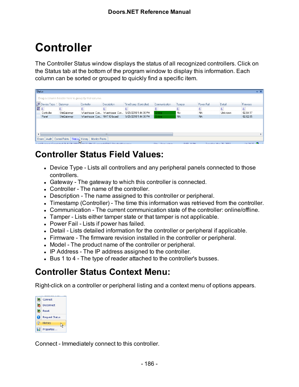 Controller, Controller status field values, Controller status context menu | Status | Keri Systems Doors.NET Manual User Manual | Page 186 / 602
