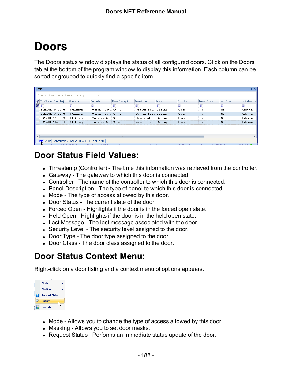 Doors, Door status field values, Door status context menu | Keri Systems Doors.NET Manual User Manual | Page 188 / 602