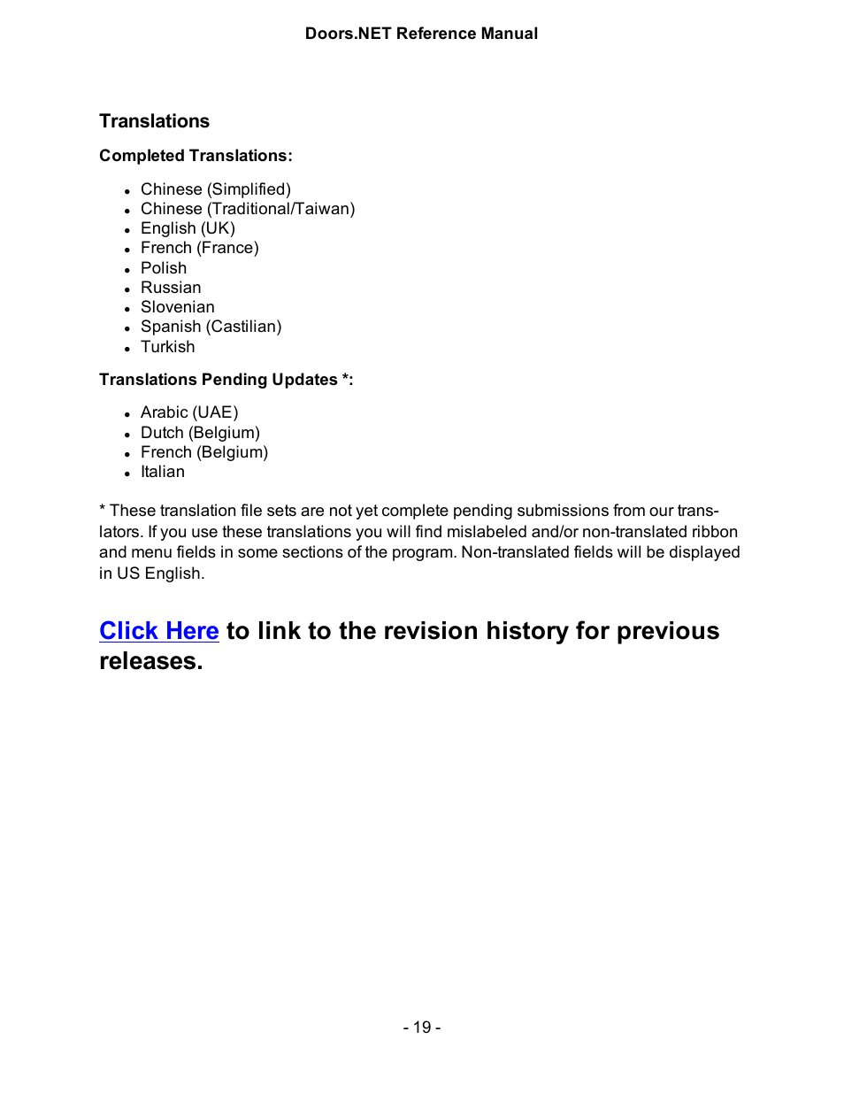 Translations, Completed translations, Translations pending updates | Keri Systems Doors.NET Manual User Manual | Page 19 / 602