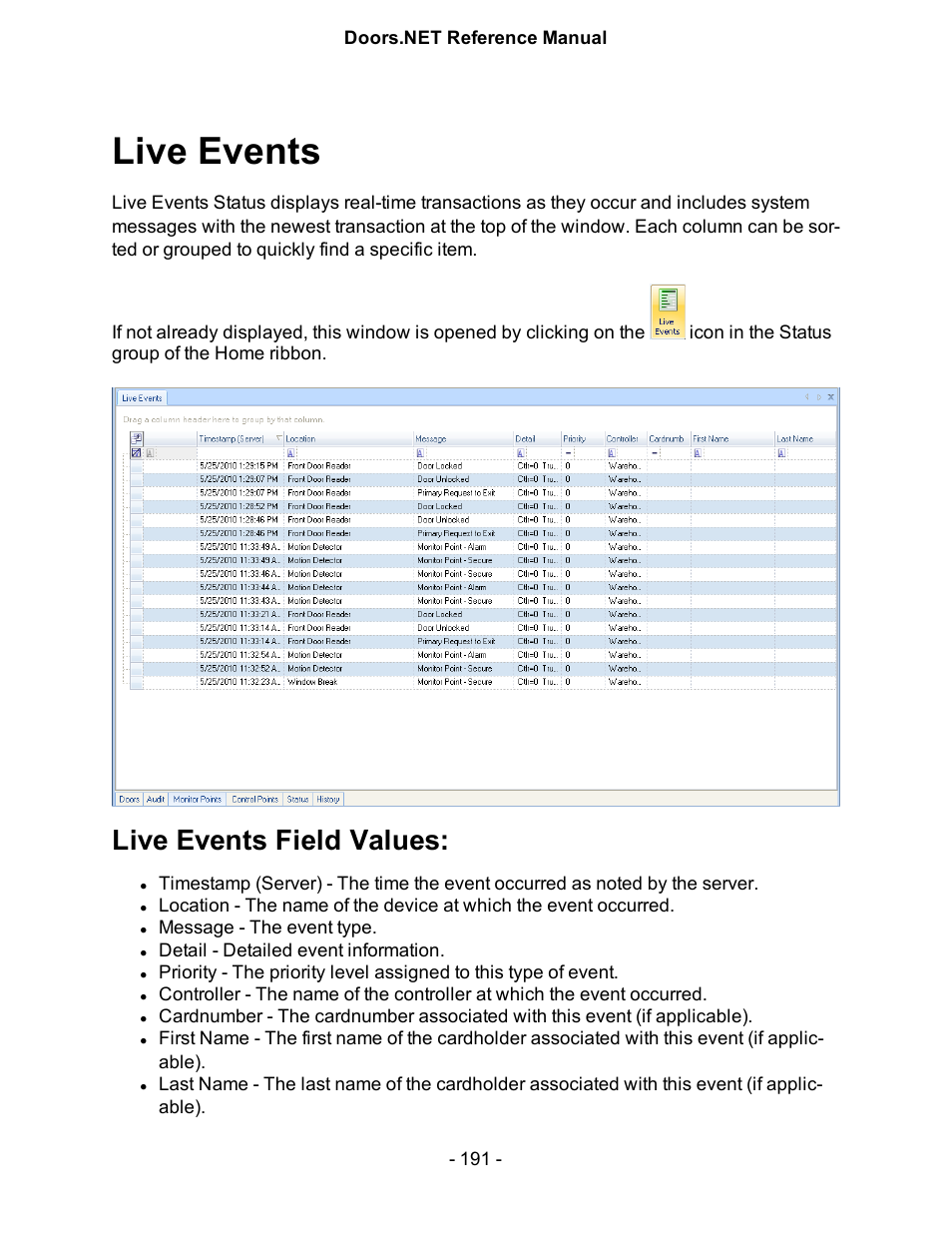 Live events, Live events field values | Keri Systems Doors.NET Manual User Manual | Page 191 / 602