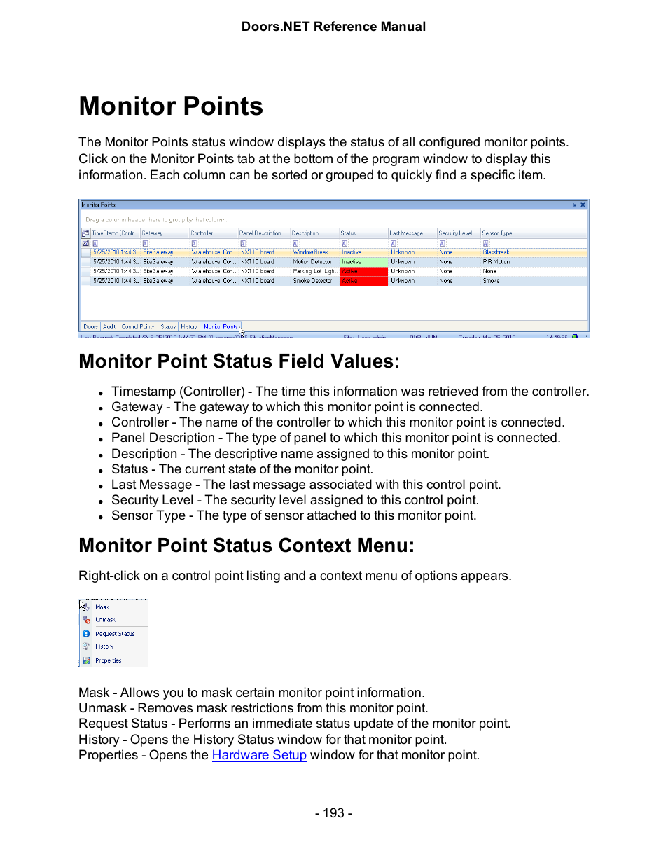 Monitor points, Monitor point status field values, Monitor point status context menu | Keri Systems Doors.NET Manual User Manual | Page 193 / 602