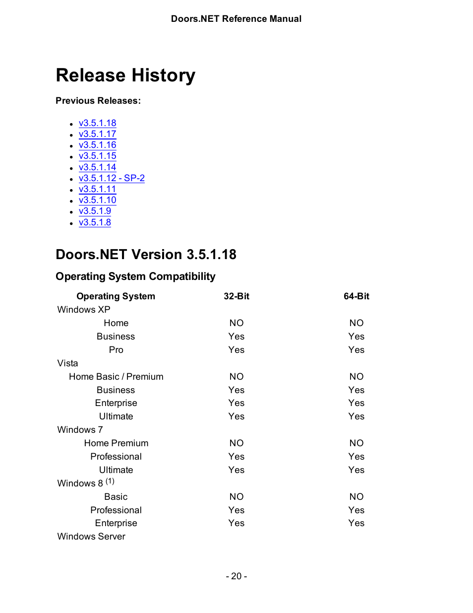 Release history, Doors.net version 3.5.1.18, Operating system compatibility | Doors.ne2 | Keri Systems Doors.NET Manual User Manual | Page 20 / 602
