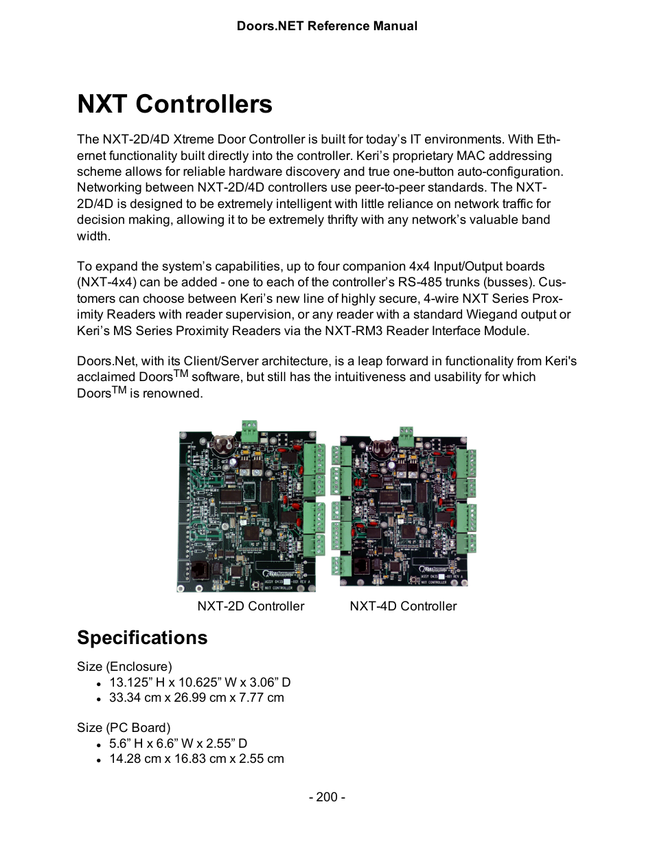 Nxt controllers, Specifications | Keri Systems Doors.NET Manual User Manual | Page 200 / 602