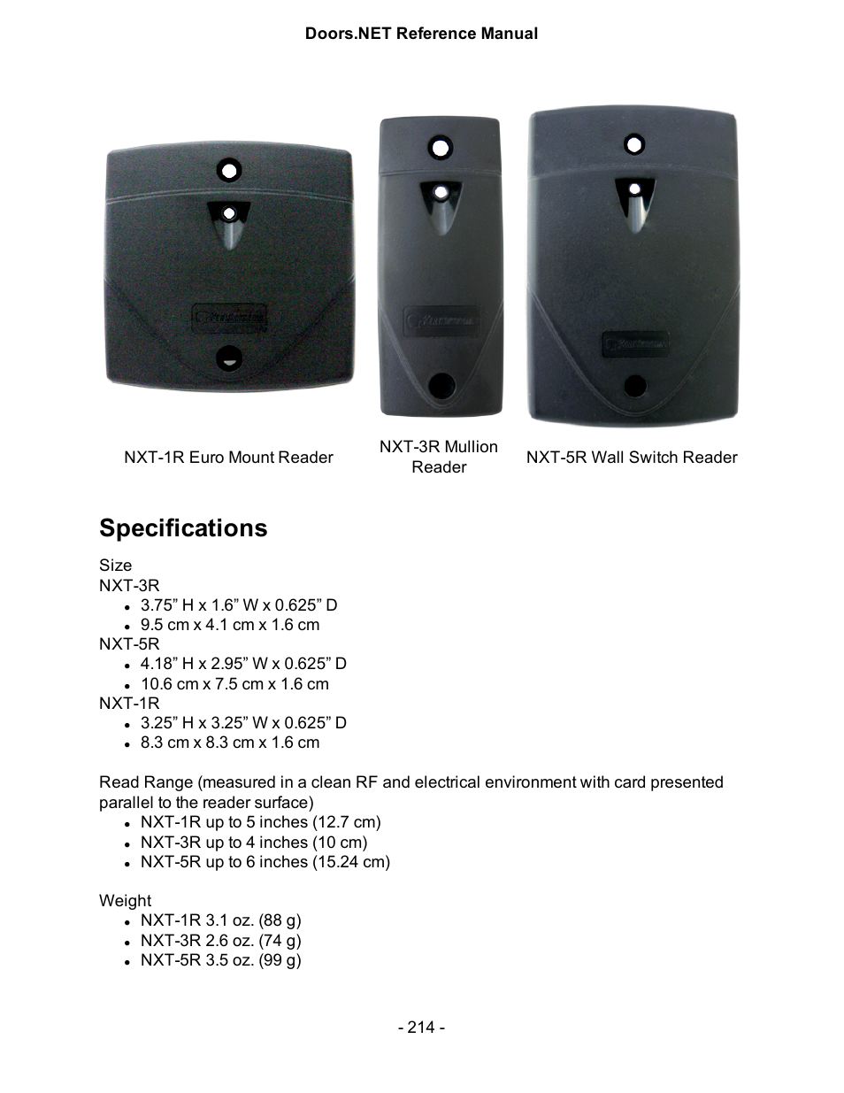 Specifications | Keri Systems Doors.NET Manual User Manual | Page 214 / 602
