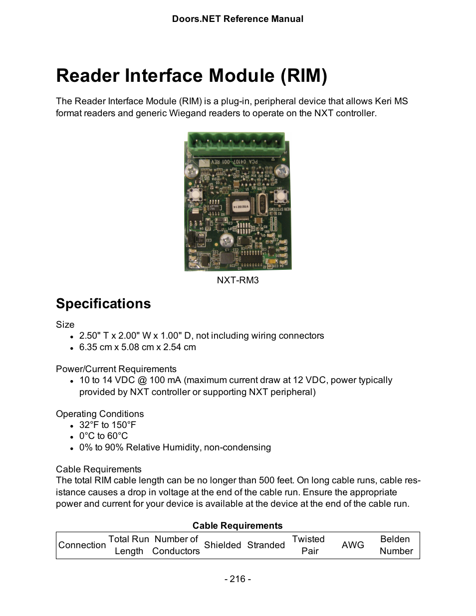 Reader interface module (rim), Specifications, Reader interface module | Keri Systems Doors.NET Manual User Manual | Page 216 / 602