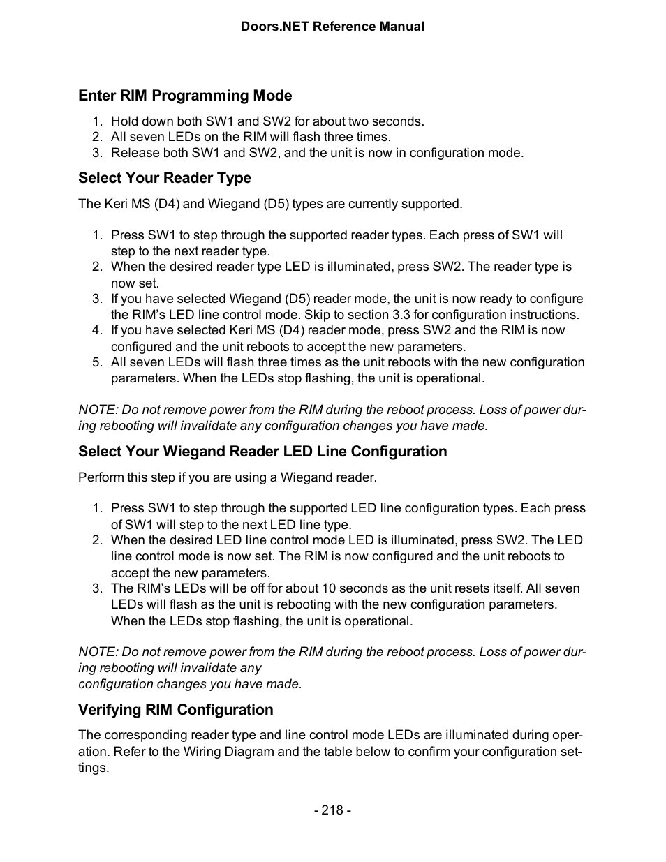 Enter rim programming mode, Select your reader type, Select your wiegand reader led line configuration | Verifying rim configuration | Keri Systems Doors.NET Manual User Manual | Page 218 / 602