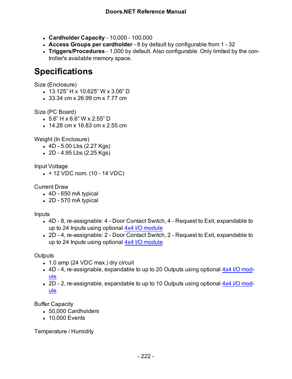 Specifications | Keri Systems Doors.NET Manual User Manual | Page 222 / 602