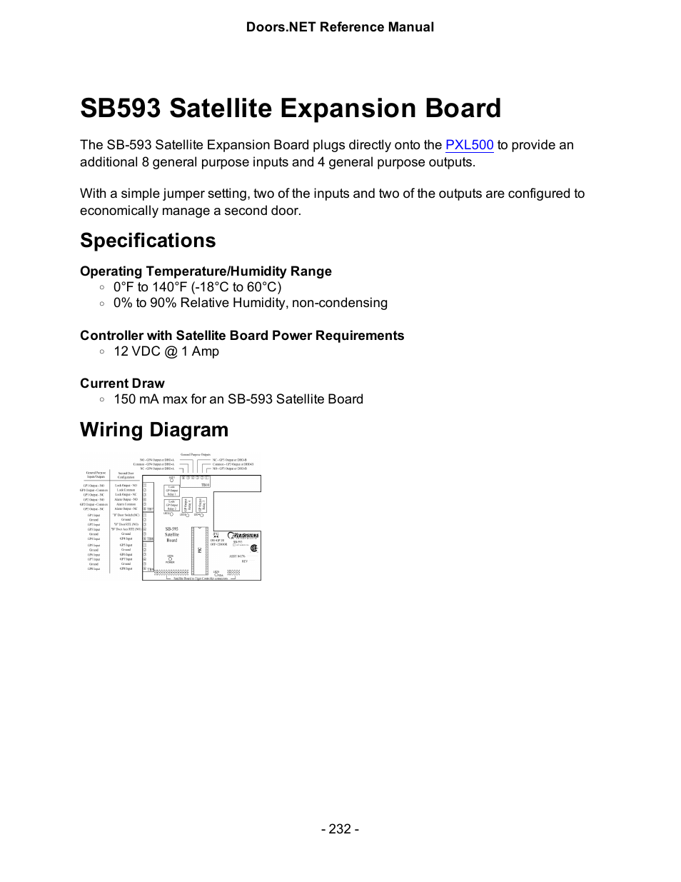 Sb593 satellite expansion board, Specifications, Wiring diagram | Sb-593 satellite expansion board | Keri Systems Doors.NET Manual User Manual | Page 232 / 602