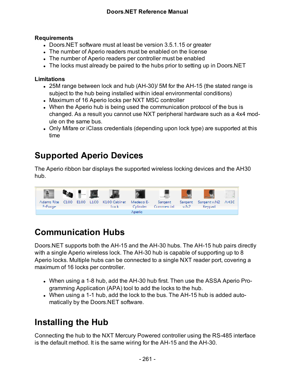 Supported aperio devices, Communication hubs, Installing the hub | Keri Systems Doors.NET Manual User Manual | Page 261 / 602