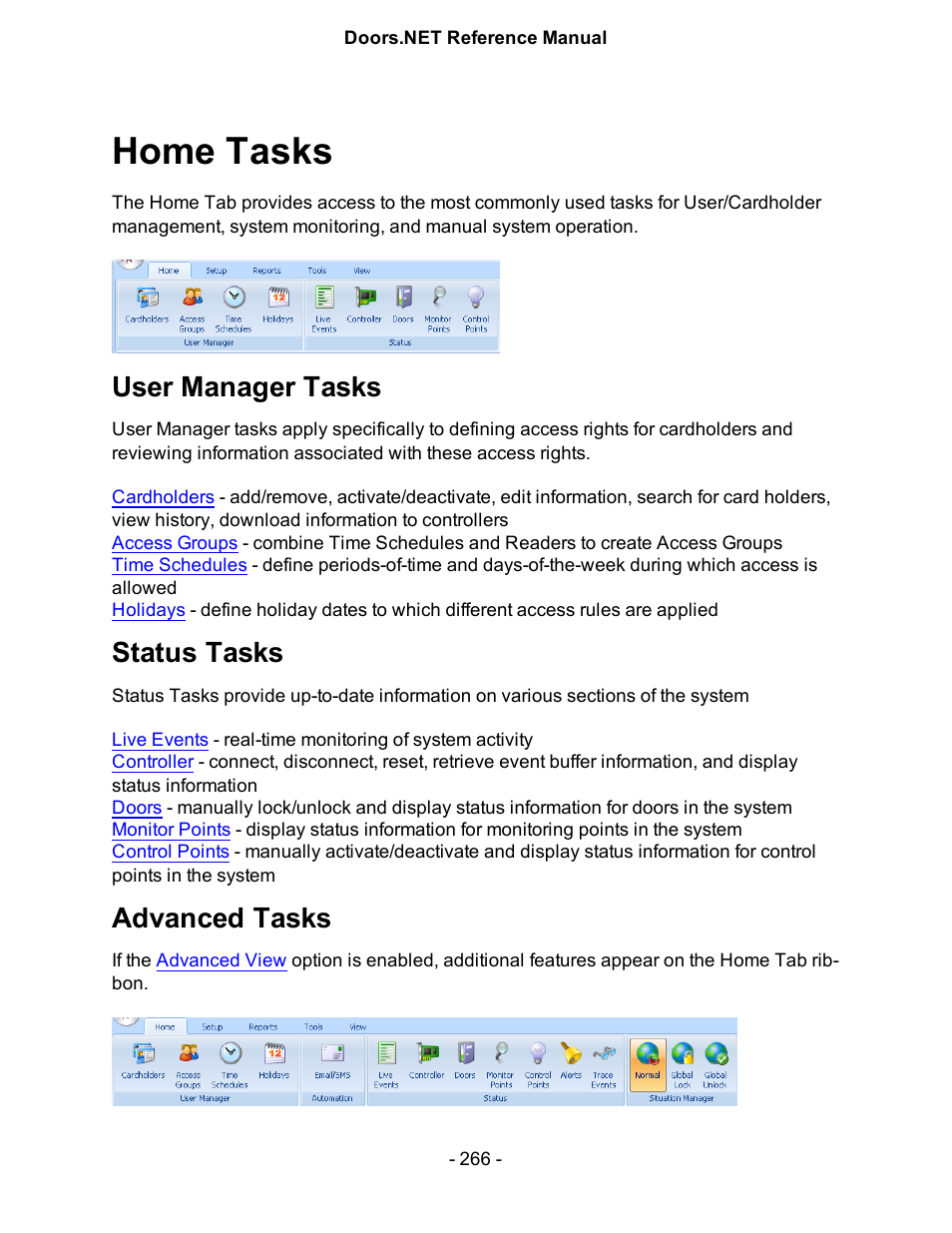 Home tasks, User manager tasks, Status tasks | Advanced tasks, Home | Keri Systems Doors.NET Manual User Manual | Page 266 / 602