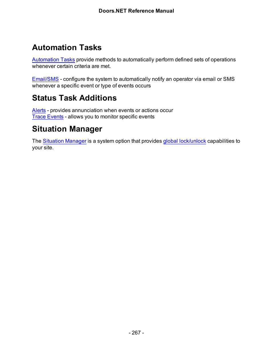 Automation tasks, Status task additions, Situation manager | Keri Systems Doors.NET Manual User Manual | Page 267 / 602