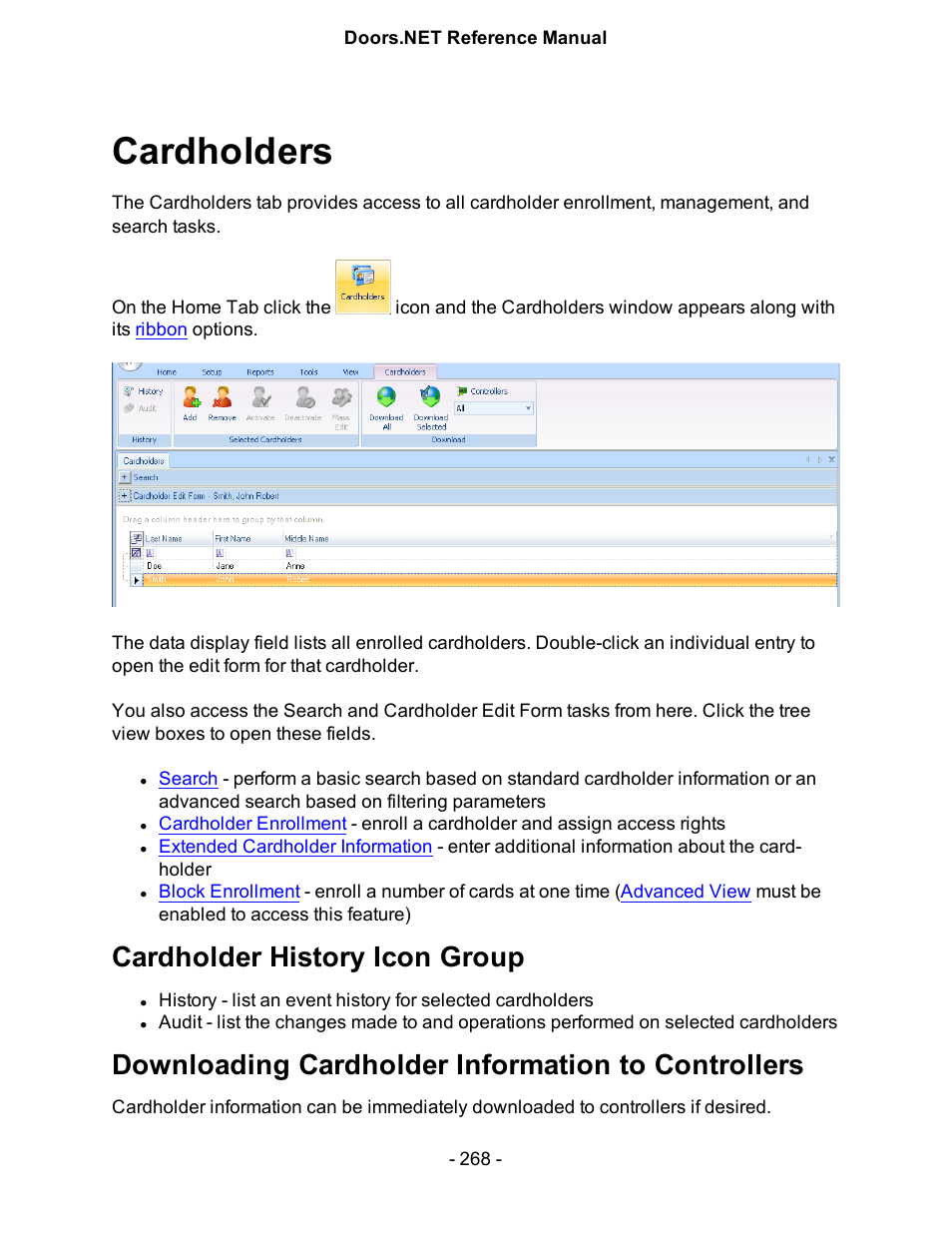 Cardholders, Cardholder history icon group, Downloading cardholder information to controllers | Keri Systems Doors.NET Manual User Manual | Page 268 / 602