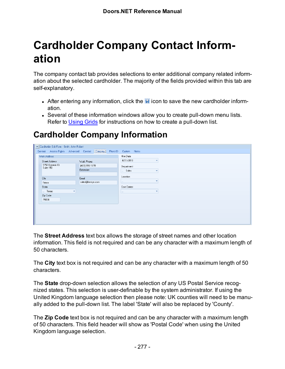 Cardholder company contact information, Cardholder company information, Cardholder company contact inform- ation | Keri Systems Doors.NET Manual User Manual | Page 277 / 602