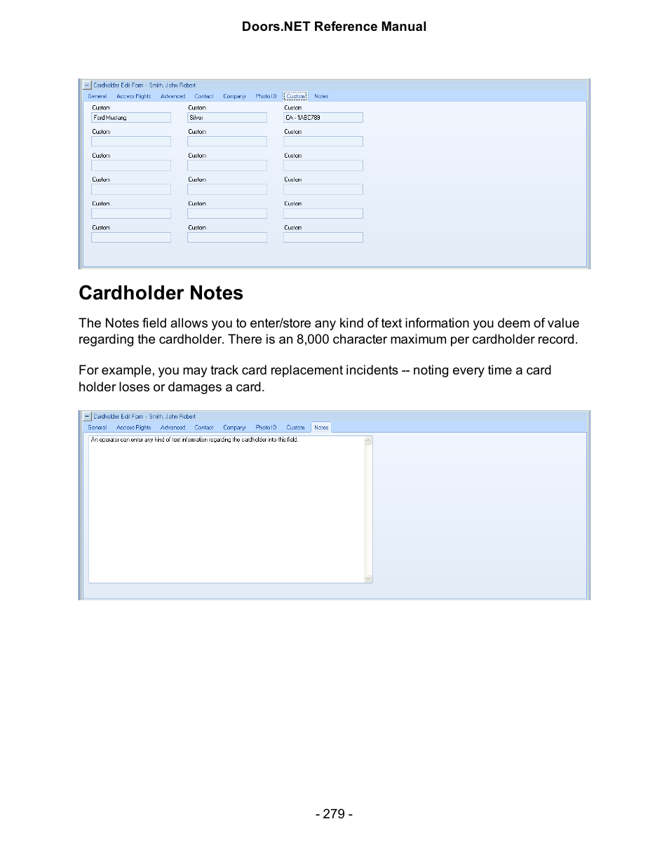 Cardholder notes | Keri Systems Doors.NET Manual User Manual | Page 279 / 602