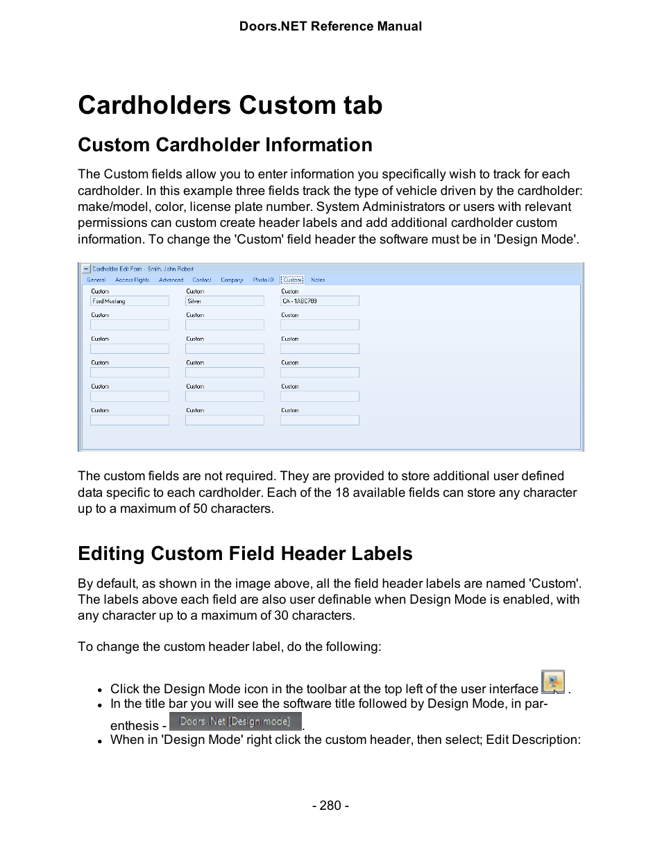 Cardholders custom tab, Custom cardholder information, Editing custom field header labels | Keri Systems Doors.NET Manual User Manual | Page 280 / 602