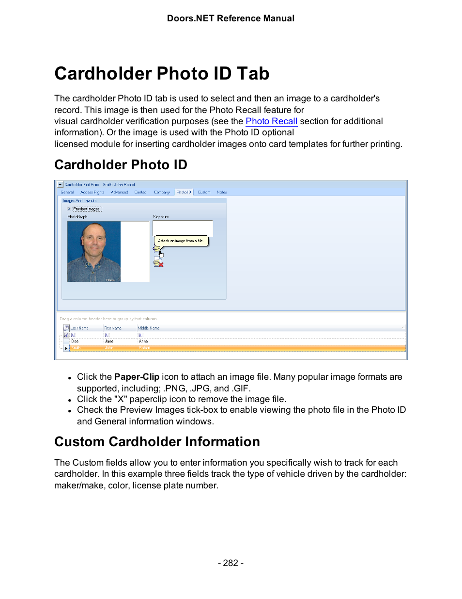 Cardholder photo id tab, Cardholder photo id, Custom cardholder information | Keri Systems Doors.NET Manual User Manual | Page 282 / 602