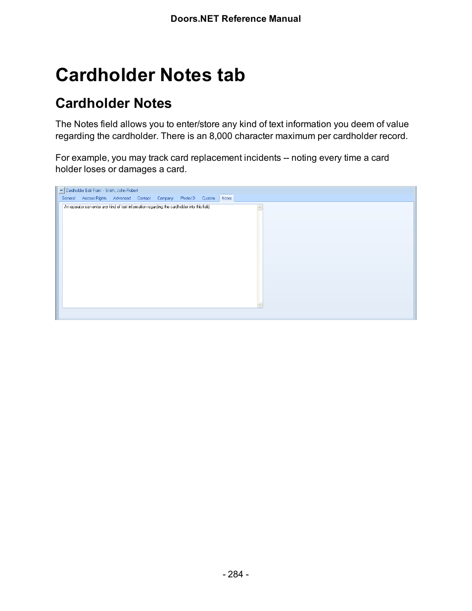 Cardholder notes tab, Cardholder notes | Keri Systems Doors.NET Manual User Manual | Page 284 / 602