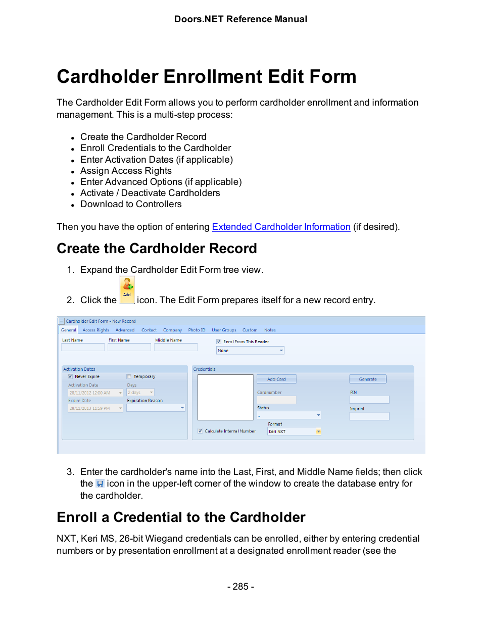 Cardholder enrollment edit form, Create the cardholder record, Enroll a credential to the cardholder | Cardholder enrollment | Keri Systems Doors.NET Manual User Manual | Page 285 / 602