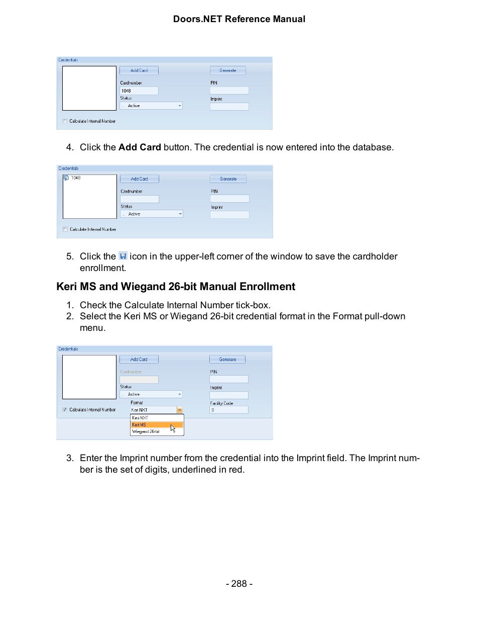 Keri ms and wiegand 26-bit manual enrollment | Keri Systems Doors.NET Manual User Manual | Page 288 / 602