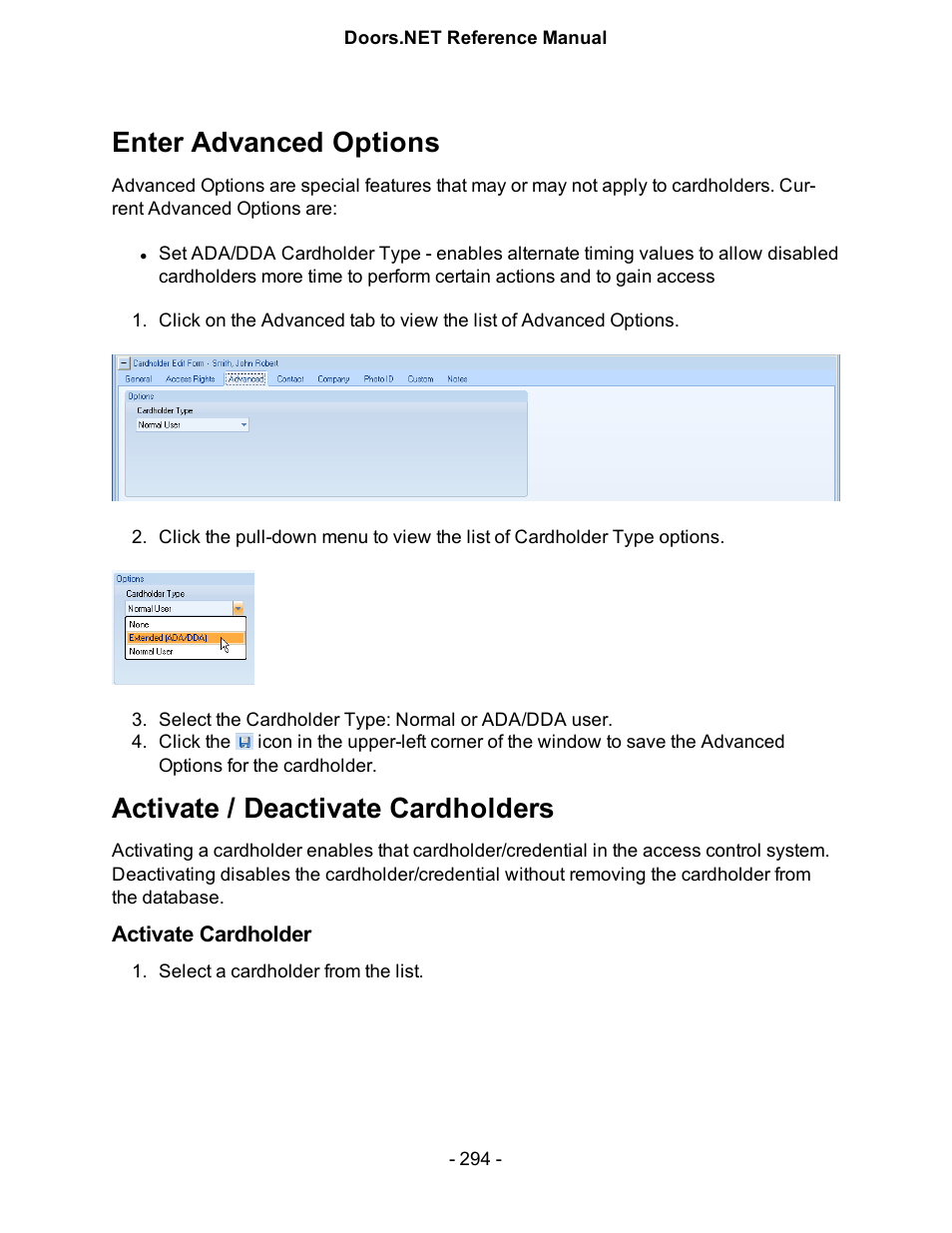 Enter advanced options, Activate / deactivate cardholders, Activate cardholder | Keri Systems Doors.NET Manual User Manual | Page 294 / 602