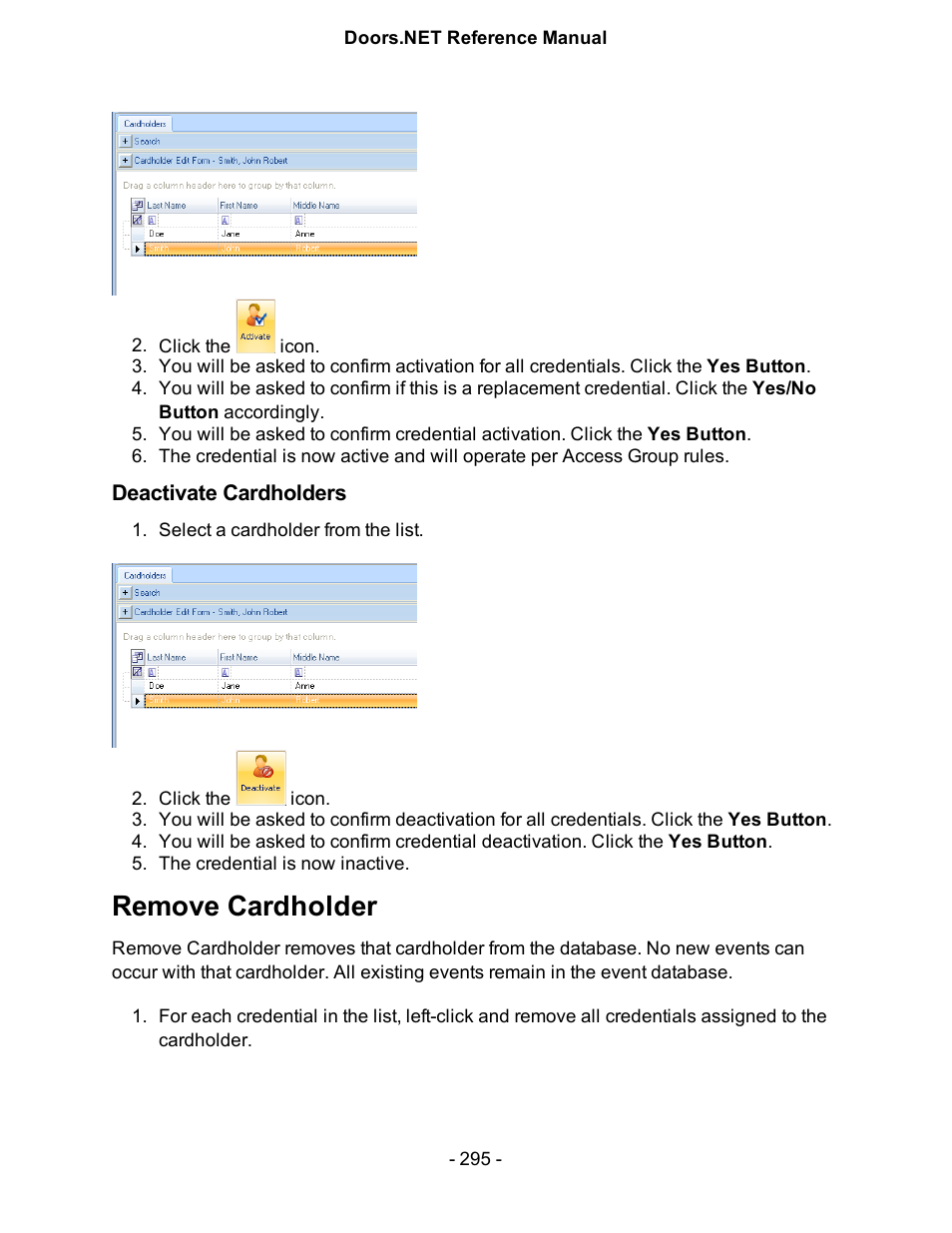 Deactivate cardholders, Remove cardholder | Keri Systems Doors.NET Manual User Manual | Page 295 / 602