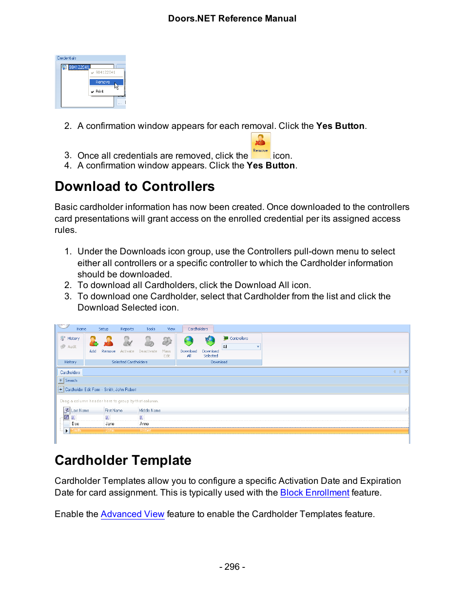 Download to controllers, Cardholder template, Cardhold | Keri Systems Doors.NET Manual User Manual | Page 296 / 602