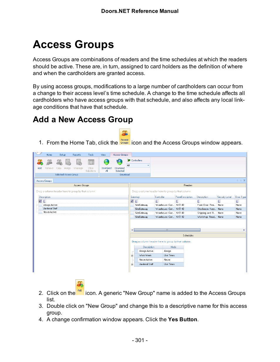 Access groups, Add a new access group | Keri Systems Doors.NET Manual User Manual | Page 301 / 602