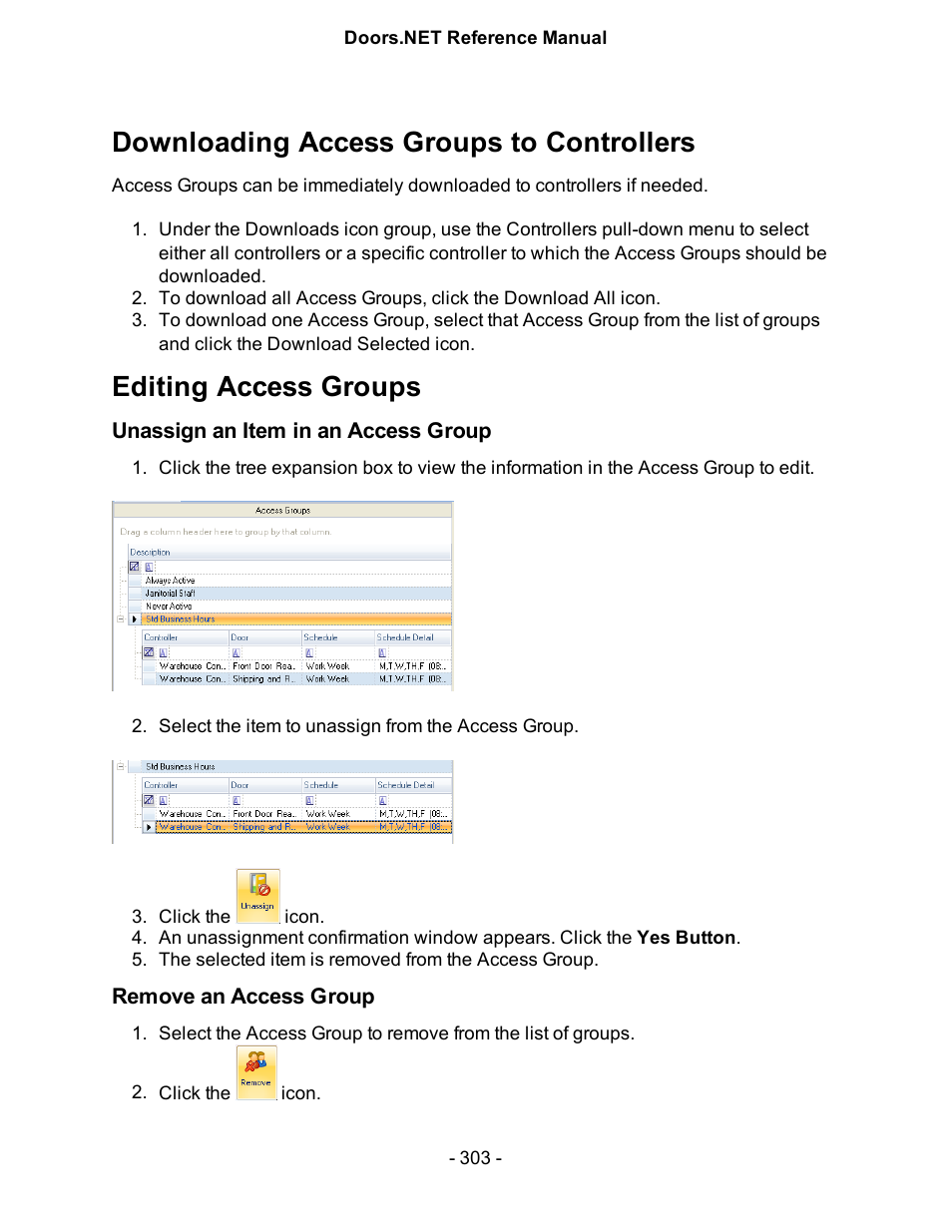 Downloading access groups to controllers, Editing access groups, Unassign an item in an access group | Remove an access group | Keri Systems Doors.NET Manual User Manual | Page 303 / 602