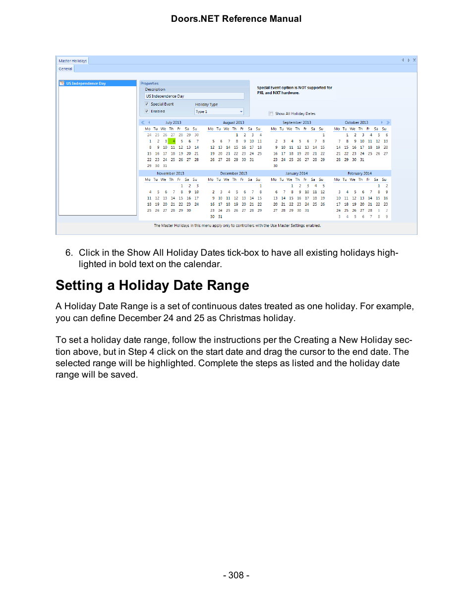 Setting a holiday date range | Keri Systems Doors.NET Manual User Manual | Page 308 / 602