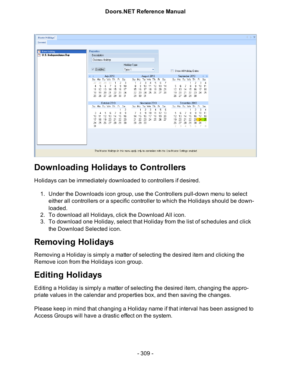 Downloading holidays to controllers, Removing holidays, Editing holidays | Keri Systems Doors.NET Manual User Manual | Page 309 / 602