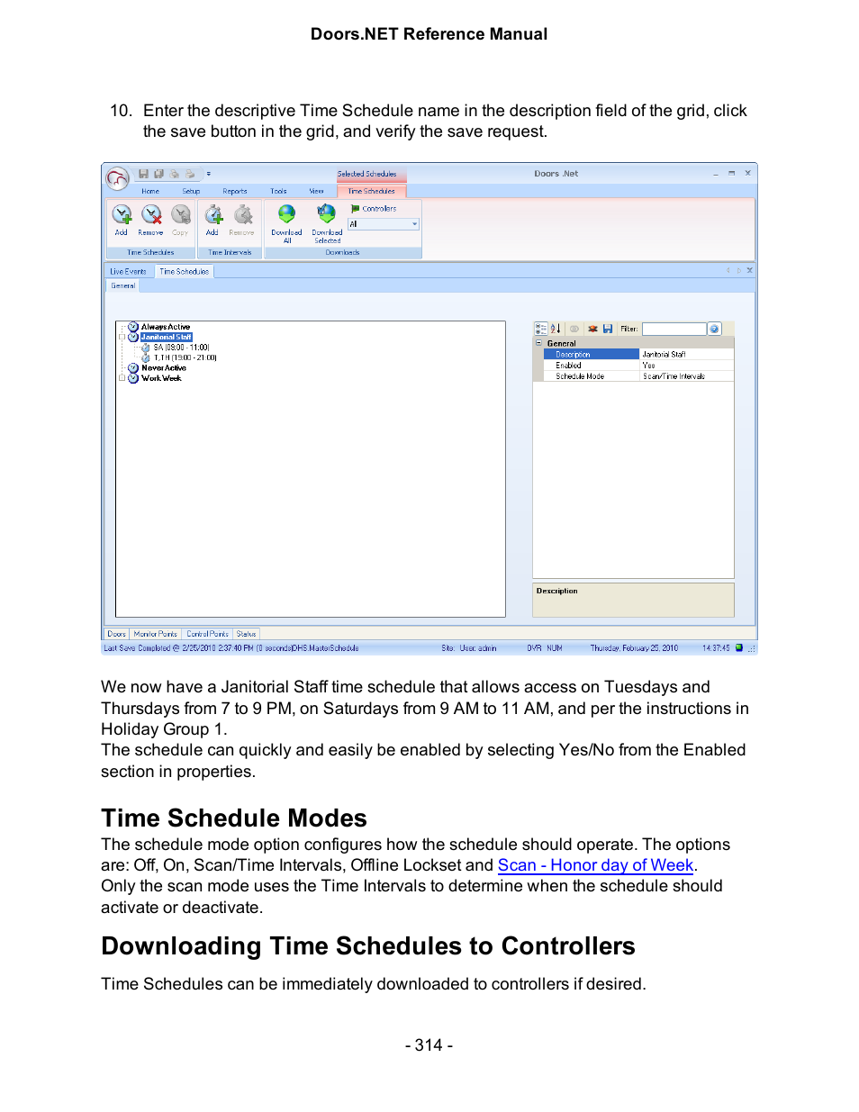 Downloading time schedules to controllers, Time schedule modes | Keri Systems Doors.NET Manual User Manual | Page 314 / 602