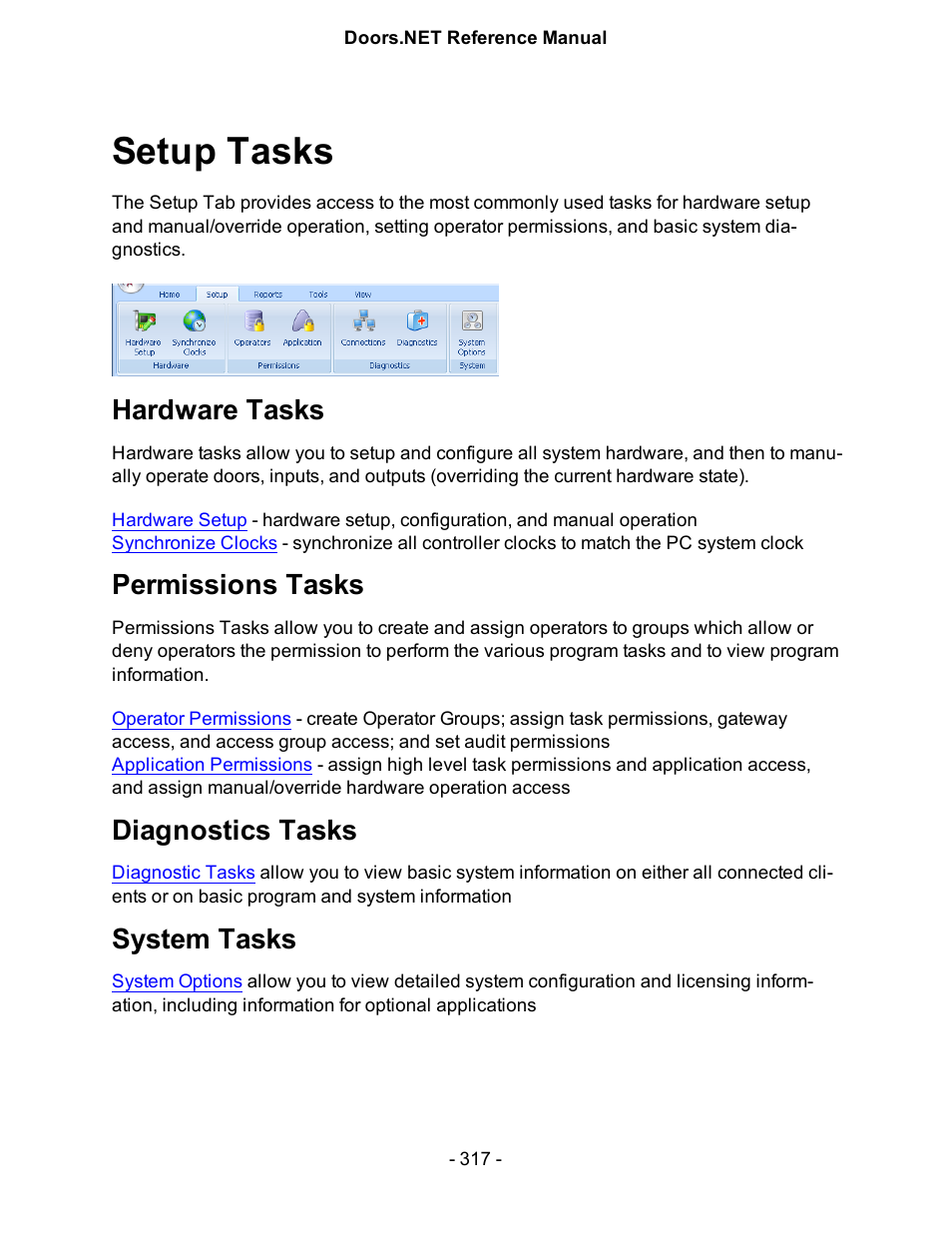 Setup tasks, Hardware tasks, Permissions tasks | Diagnostics tasks, System tasks, Setup | Keri Systems Doors.NET Manual User Manual | Page 317 / 602