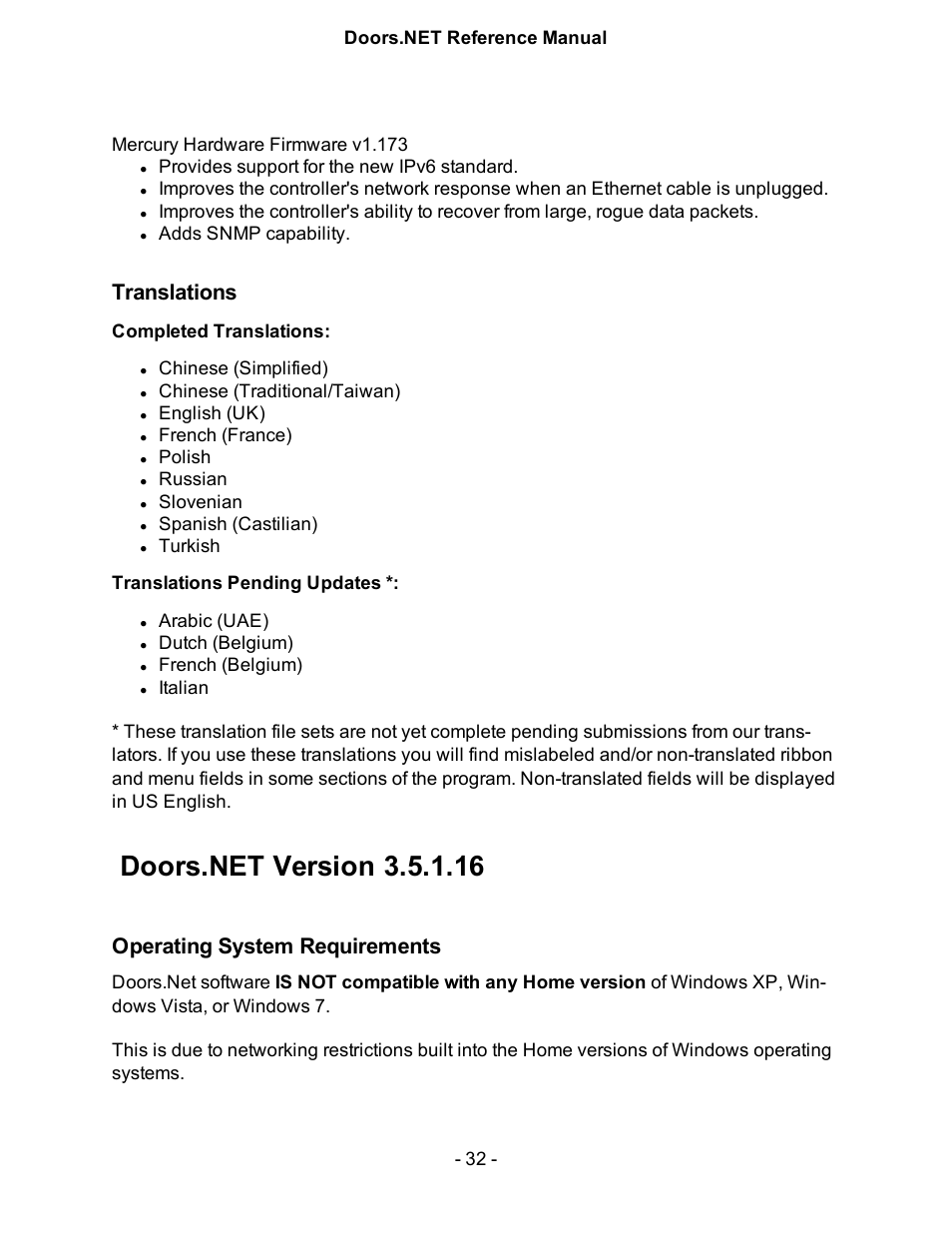 Translations, Completed translations, Translations pending updates | Doors.net version 3.5.1.16, Operating system requirements, Doors.n, V3.5.1.16 | Keri Systems Doors.NET Manual User Manual | Page 32 / 602