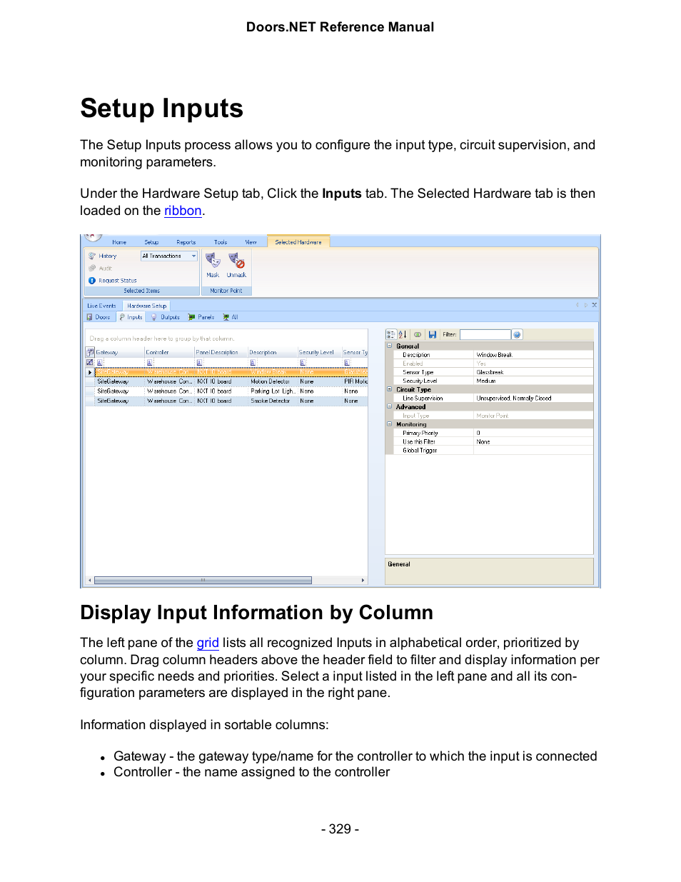 Setup inputs, Display input information by column | Keri Systems Doors.NET Manual User Manual | Page 329 / 602