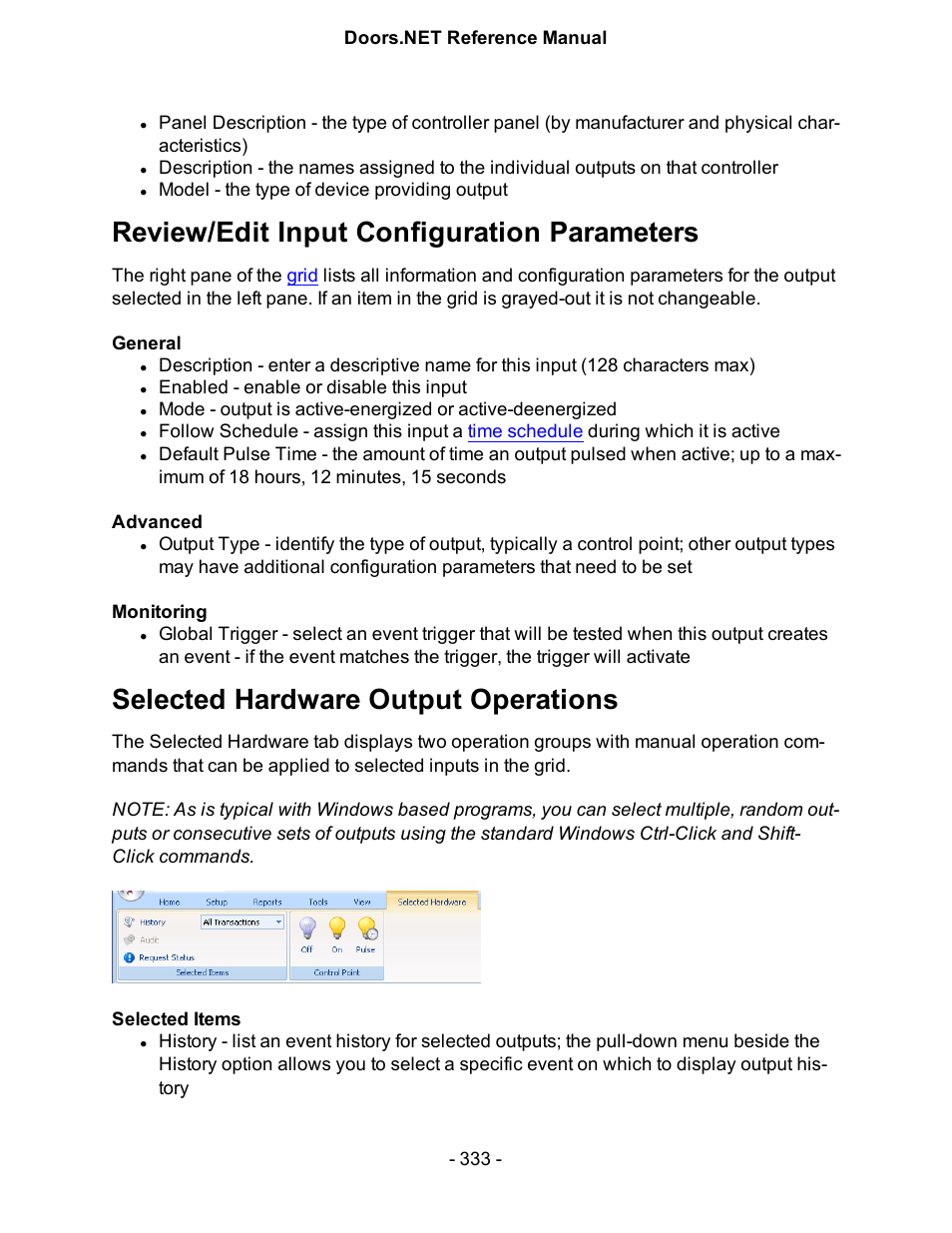 Review/edit input configuration parameters, Selected hardware output operations | Keri Systems Doors.NET Manual User Manual | Page 333 / 602