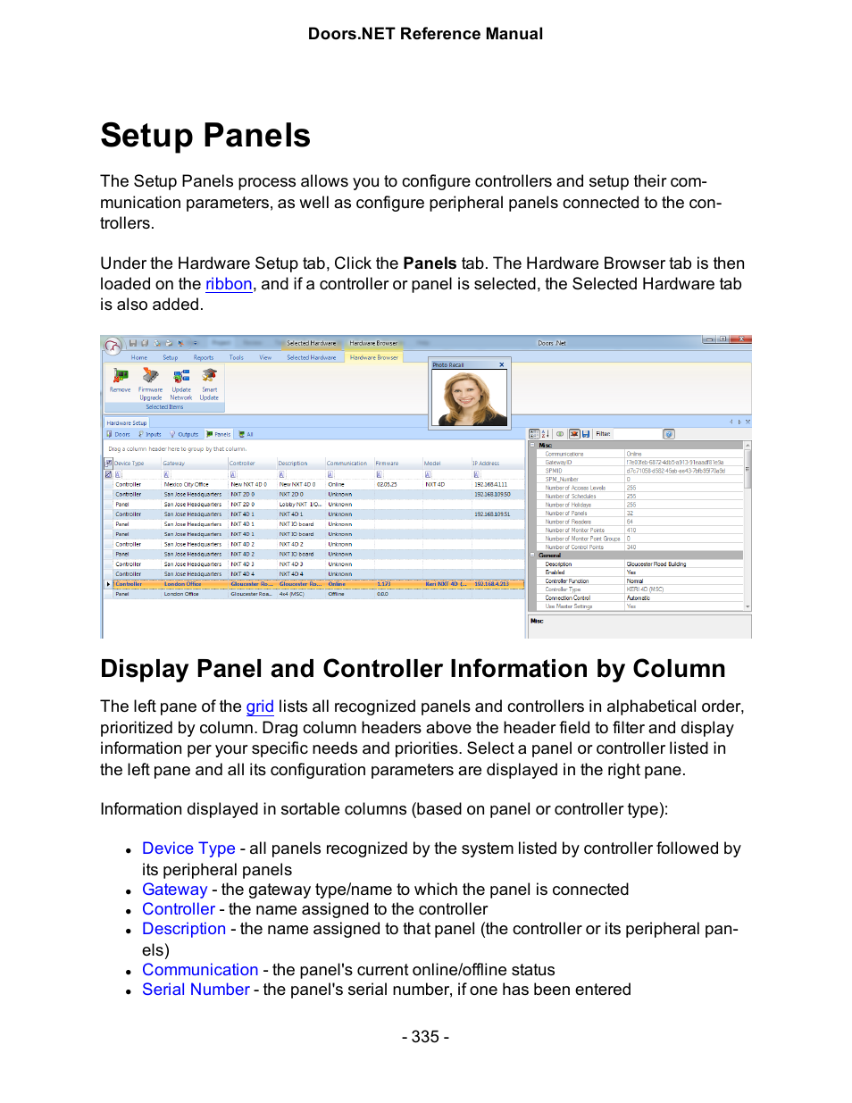 Setup panels, Display panel and controller information by column | Keri Systems Doors.NET Manual User Manual | Page 335 / 602