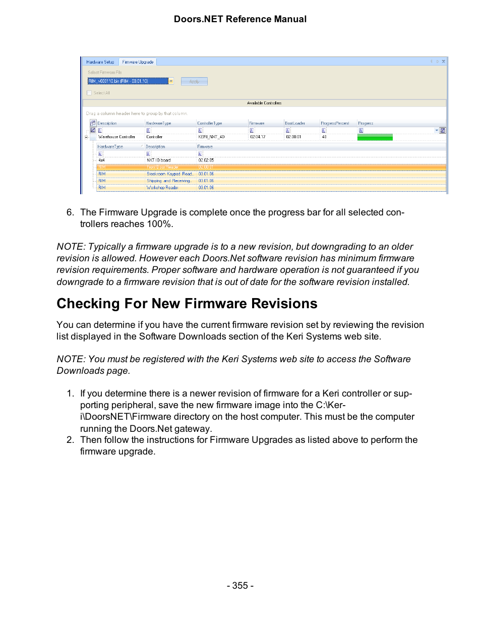 Checking for new firmware revisions | Keri Systems Doors.NET Manual User Manual | Page 355 / 602