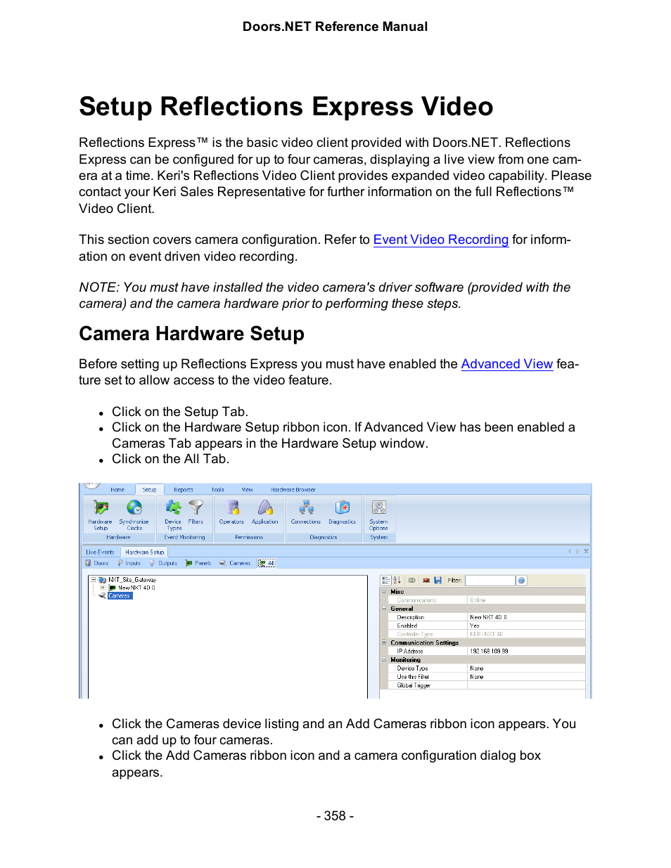 Setup reflections express video, Camera hardware setup, Setup cameras | Keri Systems Doors.NET Manual User Manual | Page 358 / 602