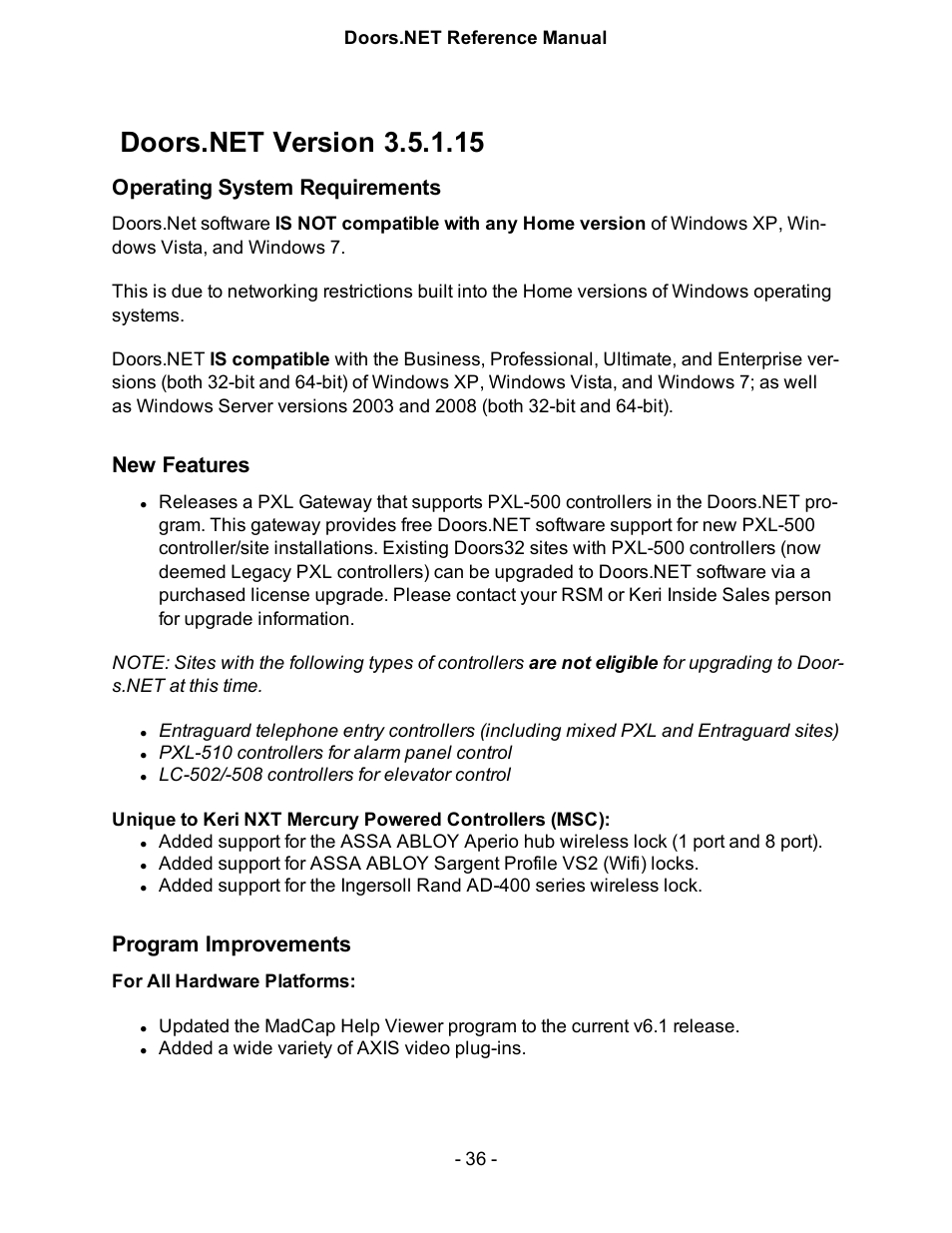 Doors.net version 3.5.1.15, Operating system requirements, New features | Program improvements, Doors.n2, V3.5.1.15 | Keri Systems Doors.NET Manual User Manual | Page 36 / 602