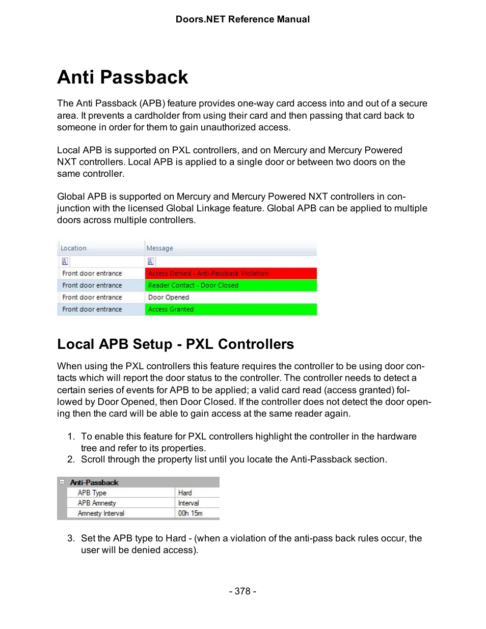 Anti passback, Local apb setup - pxl controllers, Setup anti-passback | Keri Systems Doors.NET Manual User Manual | Page 378 / 602