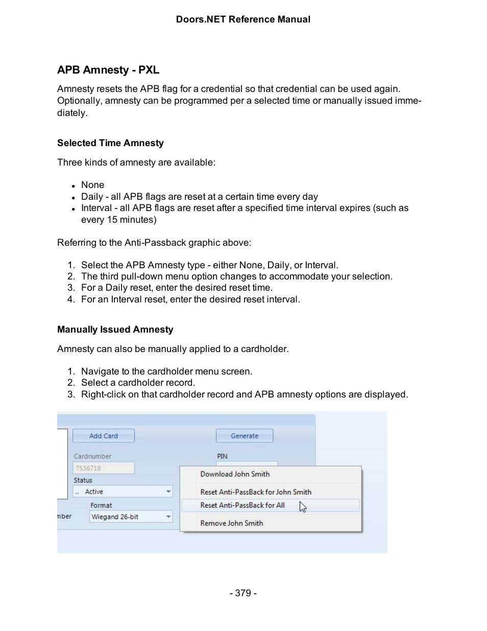 Apb amnesty - pxl, Selected time amnesty, Manually issued amnesty | Keri Systems Doors.NET Manual User Manual | Page 379 / 602