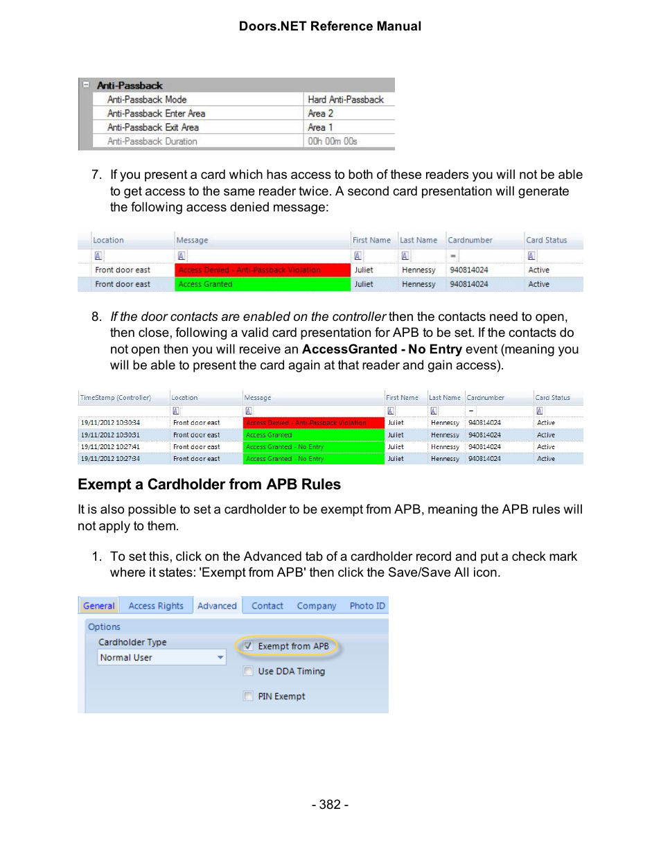 Exempt a cardholder from apb rules | Keri Systems Doors.NET Manual User Manual | Page 382 / 602