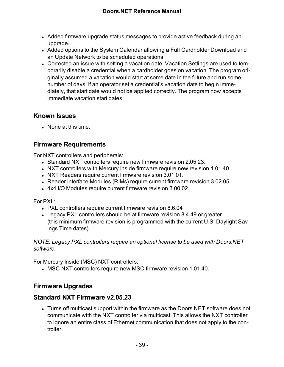 Known issues, Firmware requirements, Firmware upgrades | Standard nxt firmware v2.05.23 | Keri Systems Doors.NET Manual User Manual | Page 39 / 602