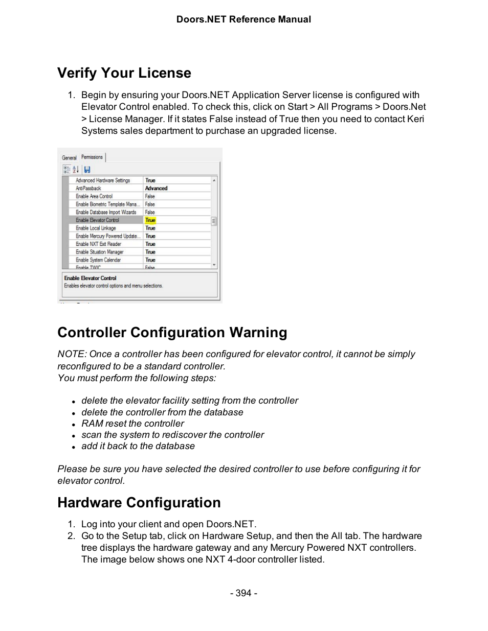 Verify your license, Controller configuration warning, Hardware configuration | Keri Systems Doors.NET Manual User Manual | Page 394 / 602