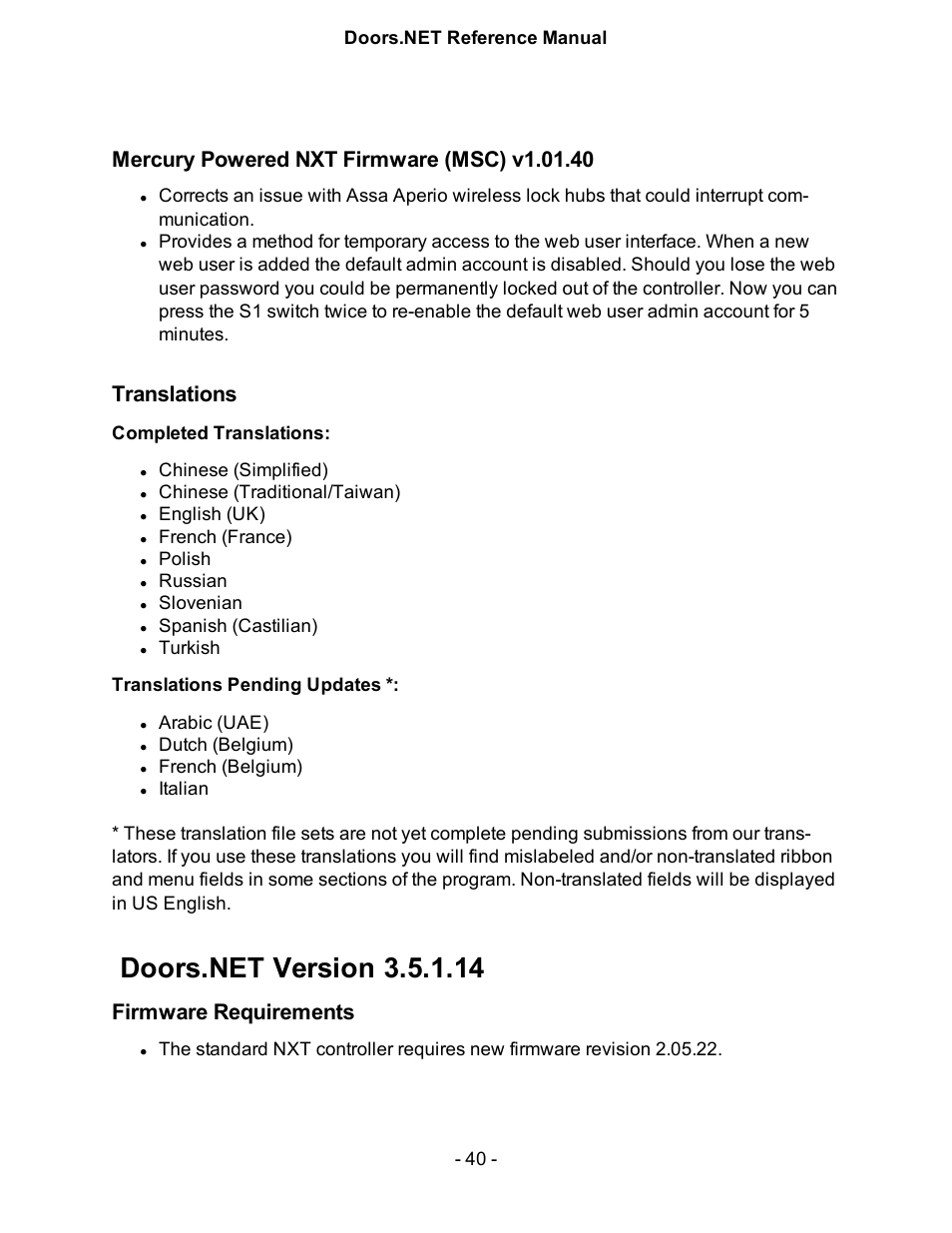 Mercury powered nxt firmware (msc) v1.01.40, Translations, Completed translations | Translations pending updates, Doors.net version 3.5.1.14, Firmware requirements, Doors.n3, V3.5.1.14 | Keri Systems Doors.NET Manual User Manual | Page 40 / 602